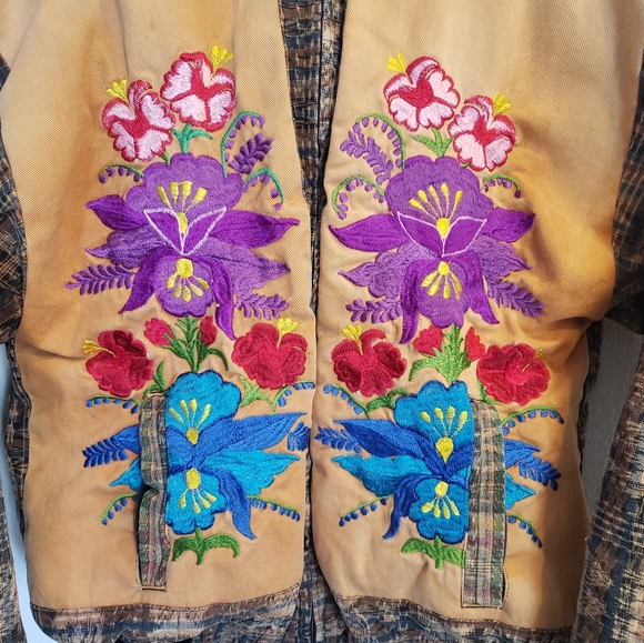 Floral Embroidered Vintage Handmade Ikat Sleeve Guatemala Art Bomber Jacket - Picture 3 of 3